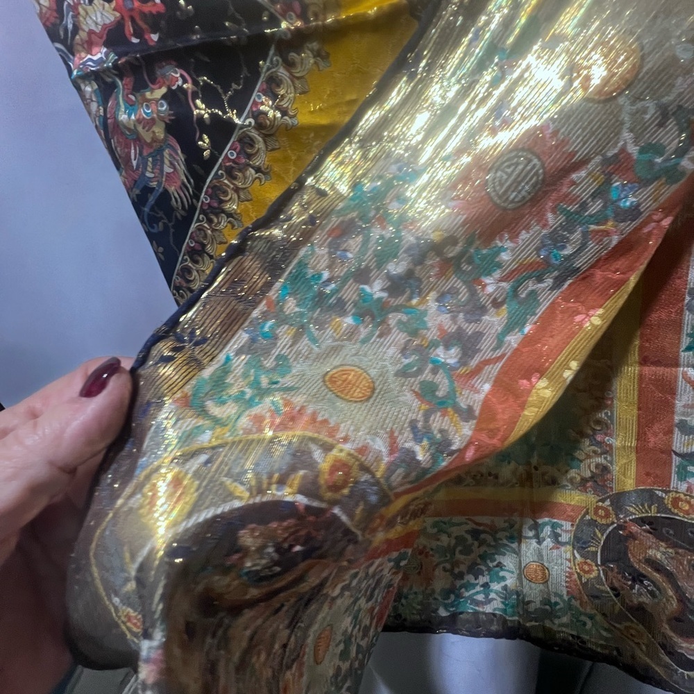 Vintage 34” Silk Scarf Ornate Medallion Baroque Print Yellow Teal Large Square - Picture 7 of 8